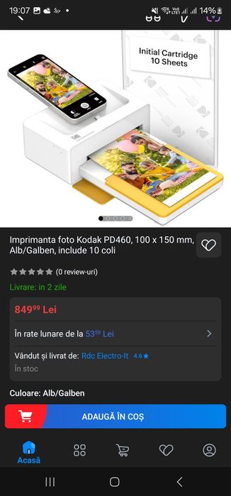 Imprimanta foto Kodak PD460 100 x 150 mm Alb/Galben, include 10 coli