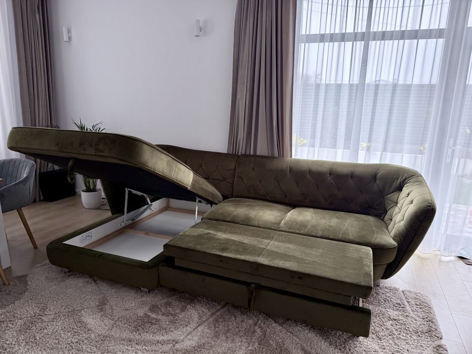 Canapea catifea verde, extensibila + lada depozitare