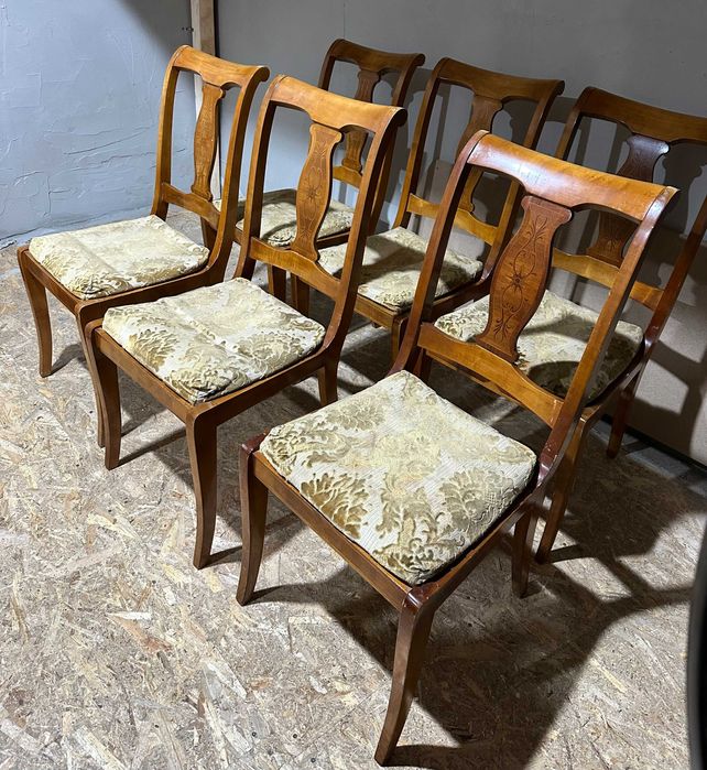 Set 6 Scaune Vintage din lemn Stil Biedermeier; Scaun cu sezut tapitat
