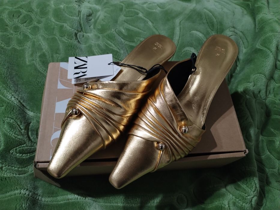 Saboți Zara aurii, din piele, mărime 39, noi