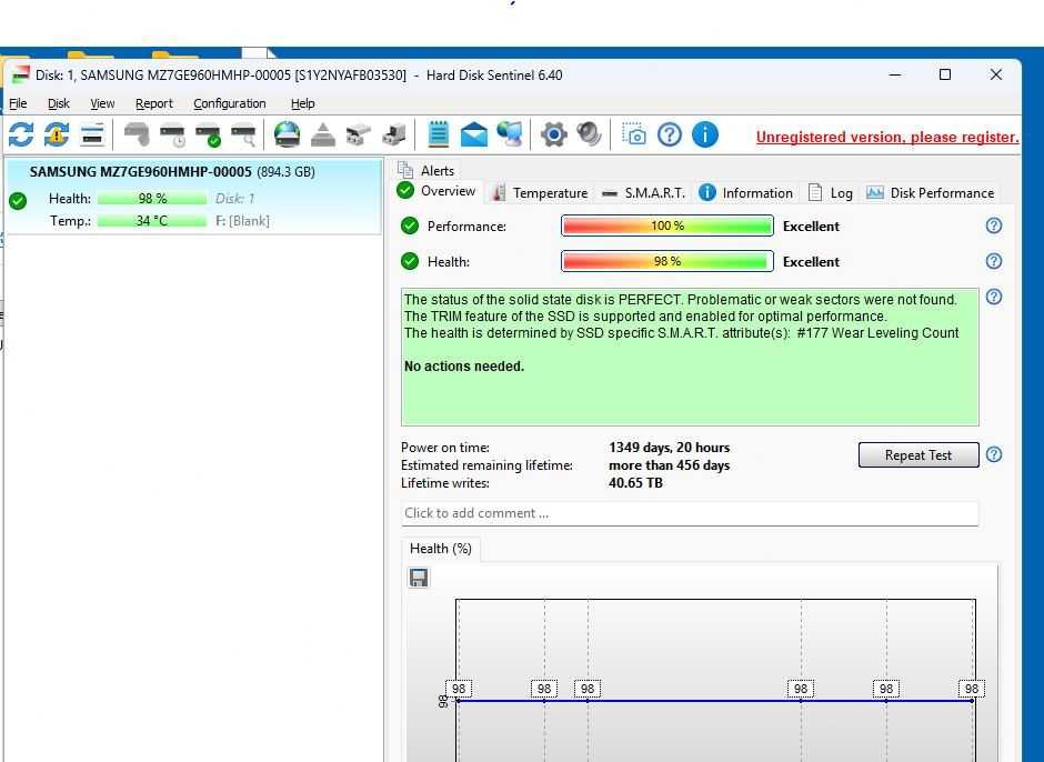 SSD Samsung PM853T, 1TB /960Gb/, SATA, 98% Health
