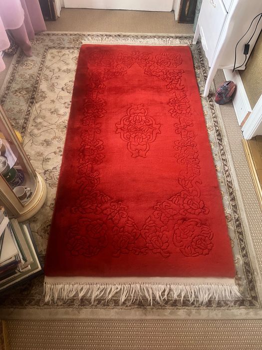 Covor rosu din lana handmade 92x207 cm