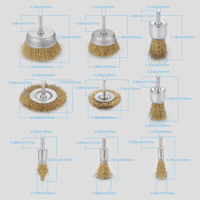 Set 9 perii sârma JIZZU pentru bormașină, inox placat cu alamă, colorat, 10x100mm