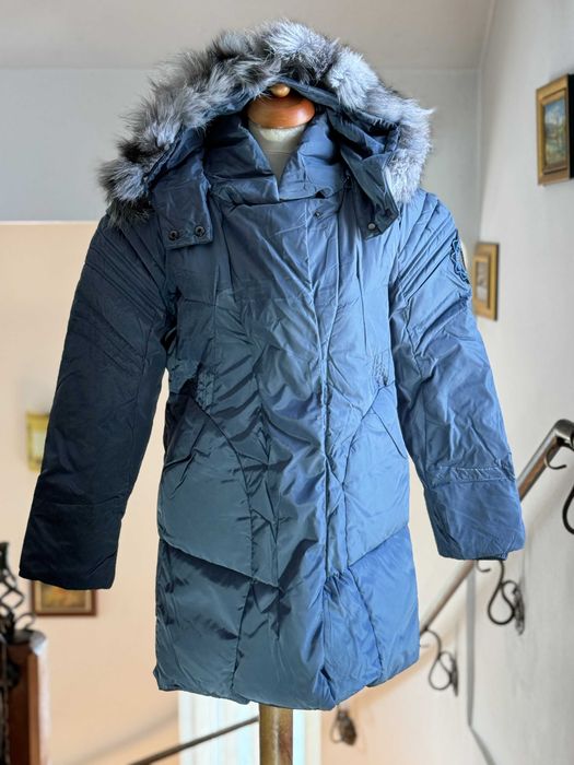 Parka dama gri cu glugă și guler din blană naturală de vulpe