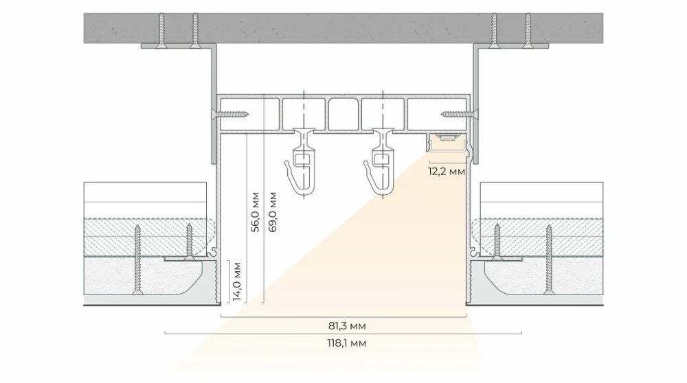 Скрытый карниз гардина для гипсокартона и натяжных потолков с подсветк