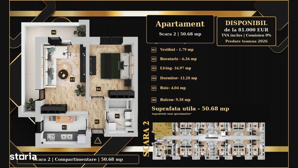 Apartament 50,68mp in Chiajna, de la 81.000€, TVA inclus, 0% comision