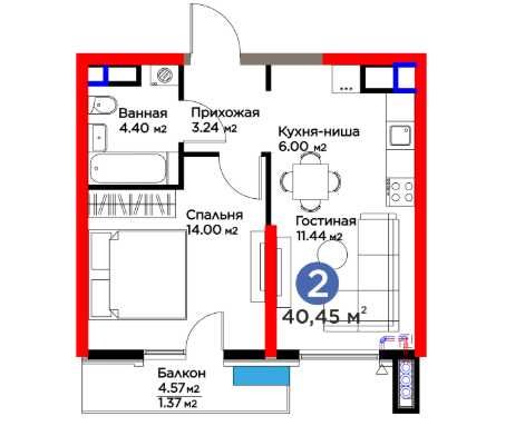 2-комн 40,45 м² в новостройке, ипотека/рассрочка, Яшнабад  [VS]
