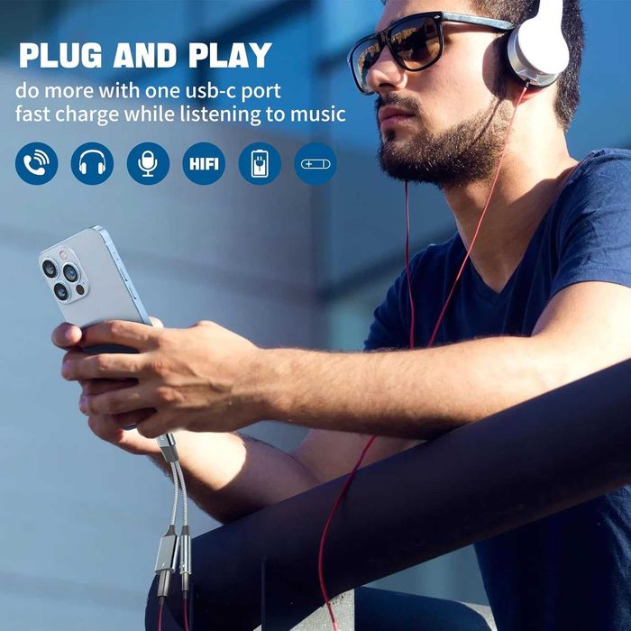 Преходник DAC USB C към 3,5 мм Aux жак за слушалки и адаптер за зарядно USB C 60W бързо зареждане