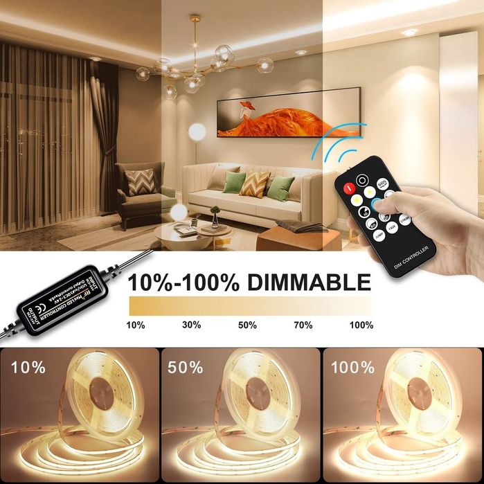 Bandă LED COB 10M 4000K cu telecomandă RF și sursă – 384 LED/m
