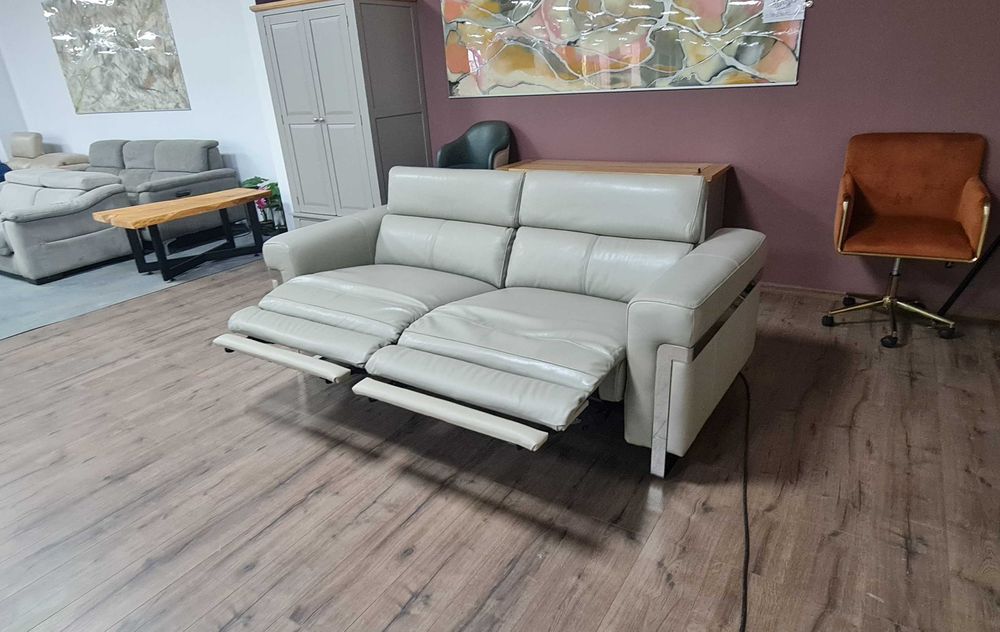 ПРОМОЦИЯ! Сив кожен диван тройка "Moreno" с ел. релакс механизъм