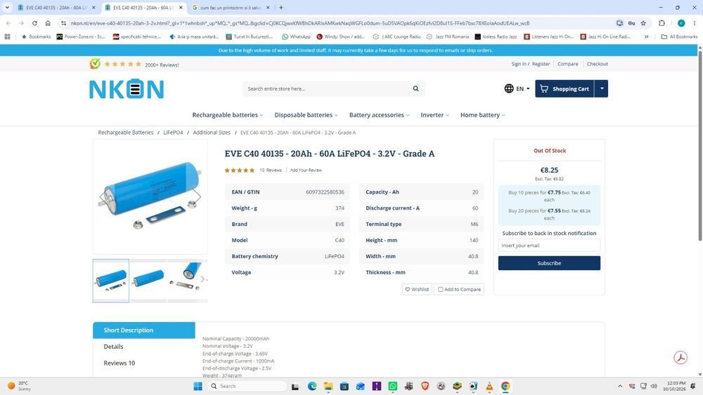 Vând baterii Eve c40 20A LiFePO4 3,2v