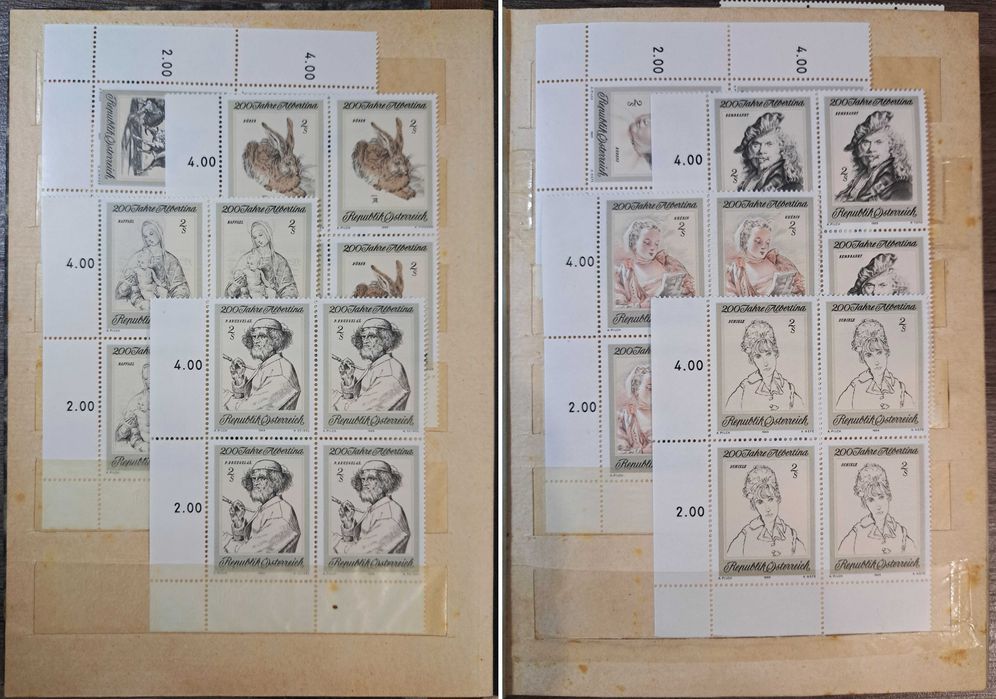 Clasor timbre Austria (emisiuni complete nestampilateMNH in bloc de 4)