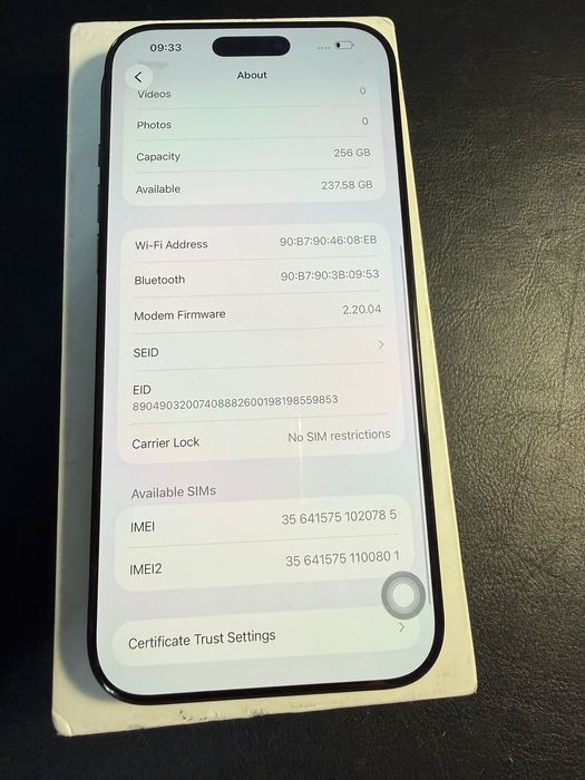 iPhone 16 Pro Max Black 256GB 100% baterie