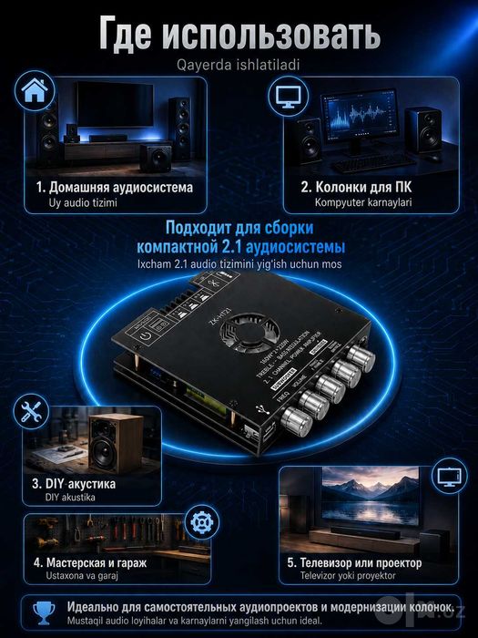 Усилитель звука 2.1, для сабвуфера 320Вт, Bluetooth, AUX, USB, ZK-HT21