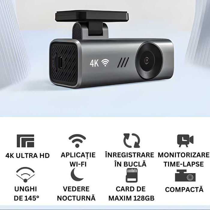 Camera de Bord 4K Ultra HD cu Wi-Fi, Unghi de Filmare Larg de 145°