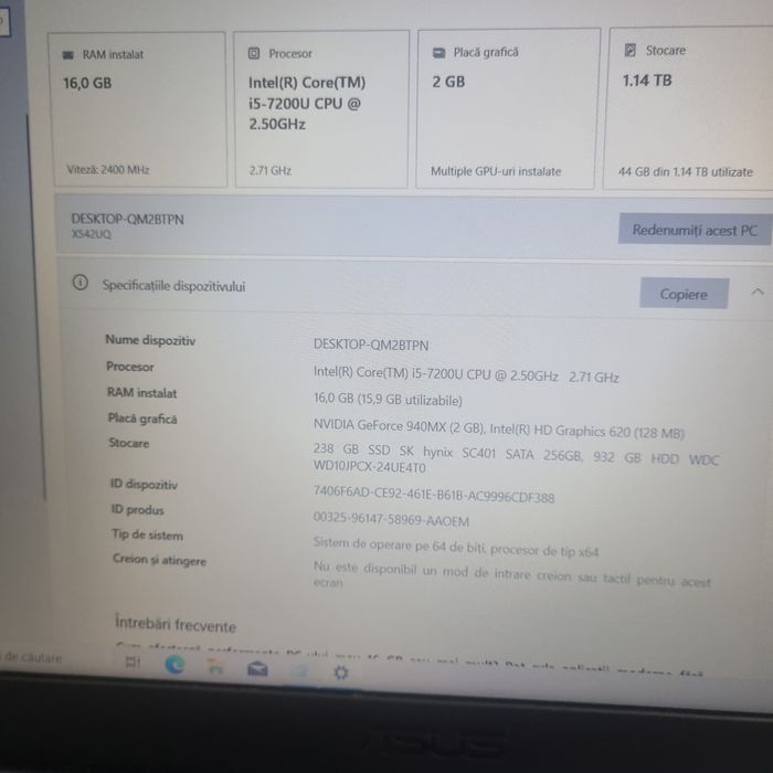 Asus I5-7200U, 16Gb Ram