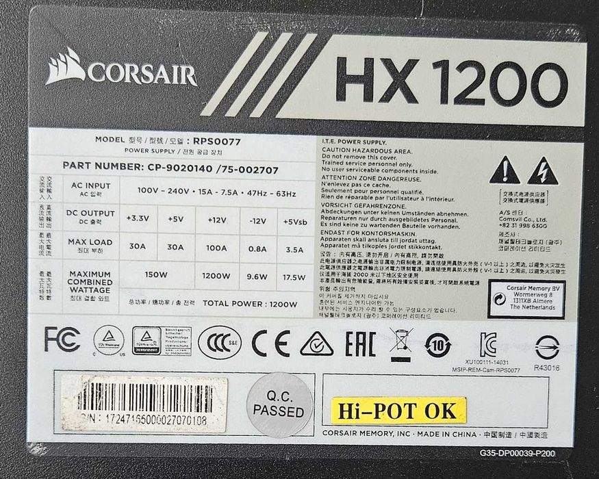 Sursă profesională Corsair HX1200 1200W Full Modulară 80+ Platinum