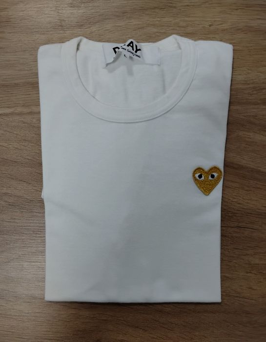Comme des Garçons Play Embroidered Gold Heart Logo On Chest White Tee