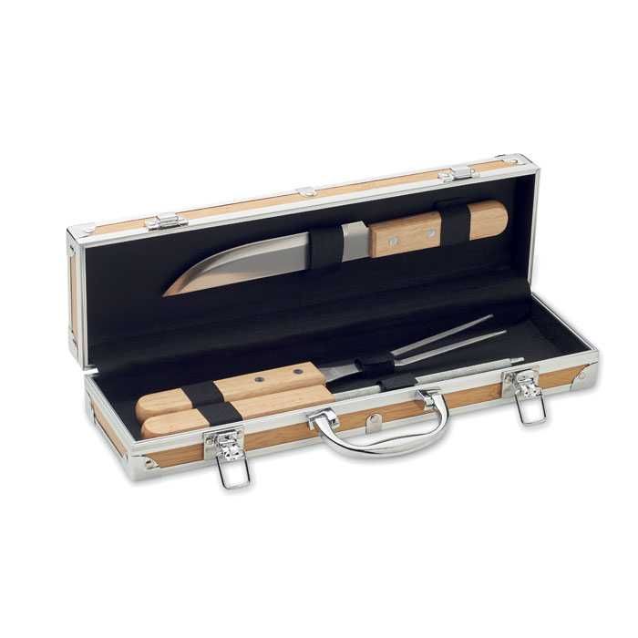 комплект за барбекю в метално куфарче, от 3 части, стомана и дърво