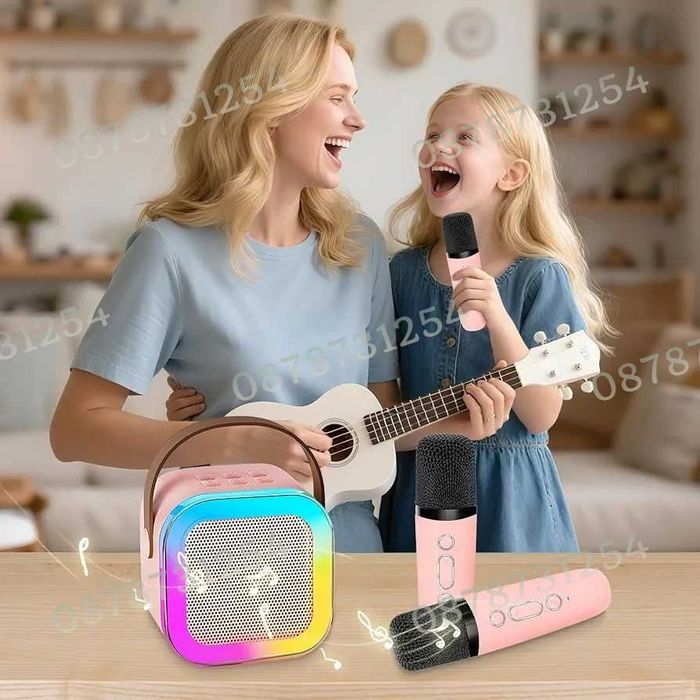 Детска Преносима Блутуут Караоке Тонколона с Два Безжични Микрофона