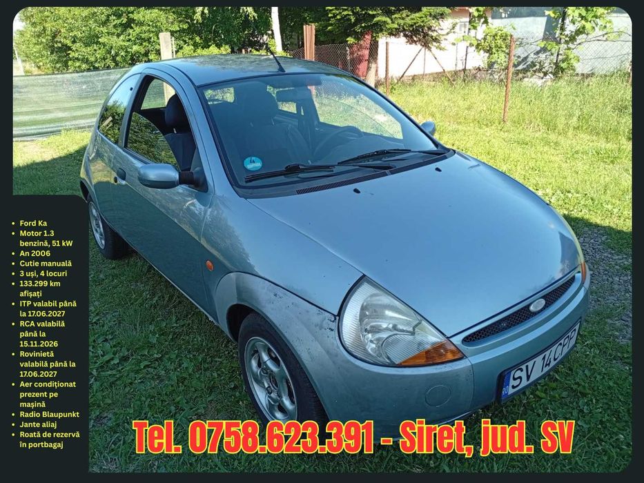 Vând mașina Ford Ka 1.3 benzină, an 2006, înmatriculată, ITP valabil până în decembrie 2026, funcțională, ideală pentru oraș începători, preț 850 euro