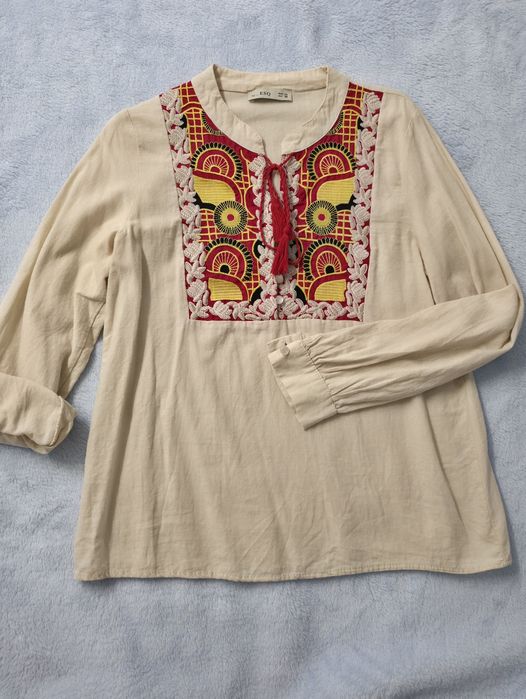 Bluza dama bej cu model etnic, ESQ, bumbac 80%, marimea M