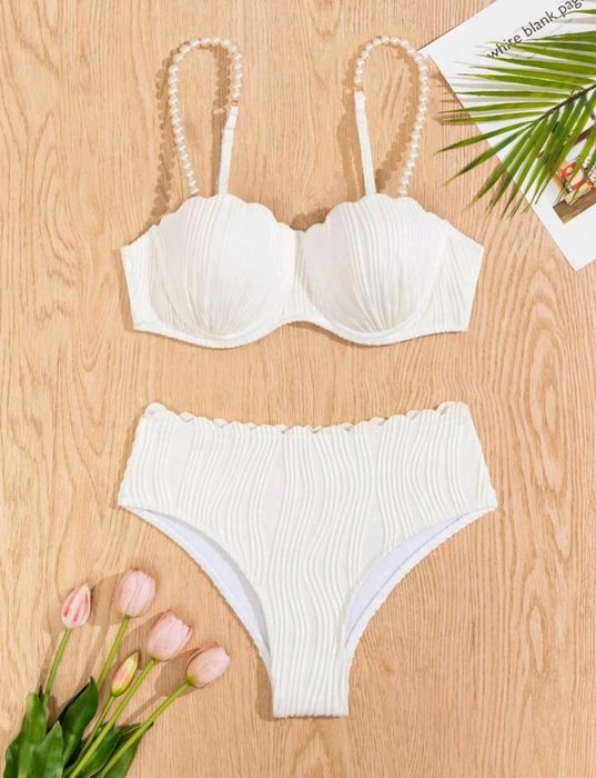 ПРОМО! Нов бански бял с презрамки перли, размер 38