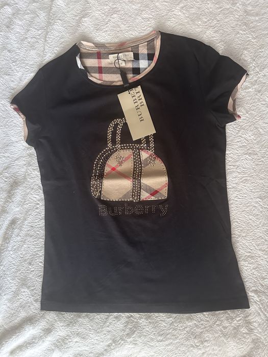 Tricou Burberry Brit damă, negru, mărimea M, aplicație cristale & imprimeu Nova Check, cu etichetă