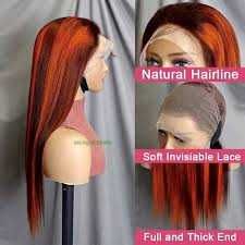 Естествена перука – кестенява с оранжеви кичури, 60 см, дантела 13х6