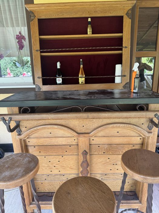 Mobilier Bar Rustic Lemn Masiv + Raft Vinuri și Scaune – Stare Excelentă
