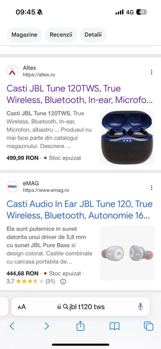 Casti JBL Tune 120TWS, True Wireless, Bluetooth, In-ear, Microfon, negru