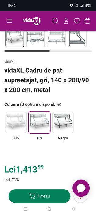 Vând pat supraetajat din metal