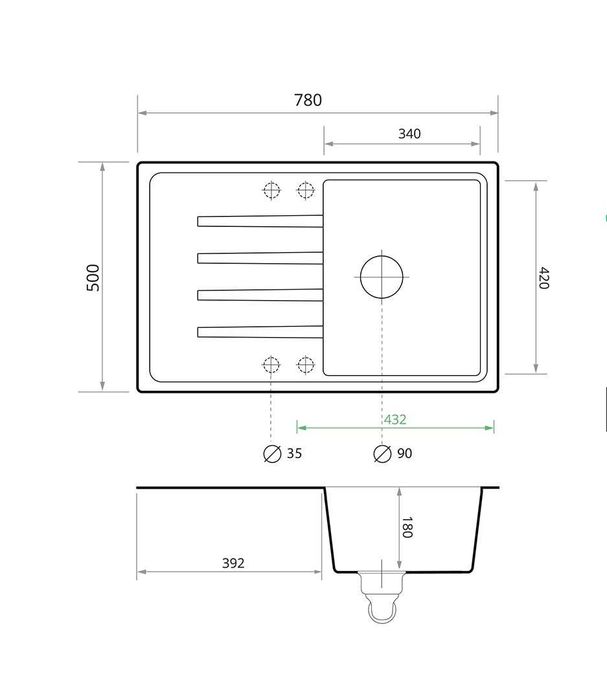 Кухненска мивка от Гранит модел Милано 780 x 500 mm - Графит