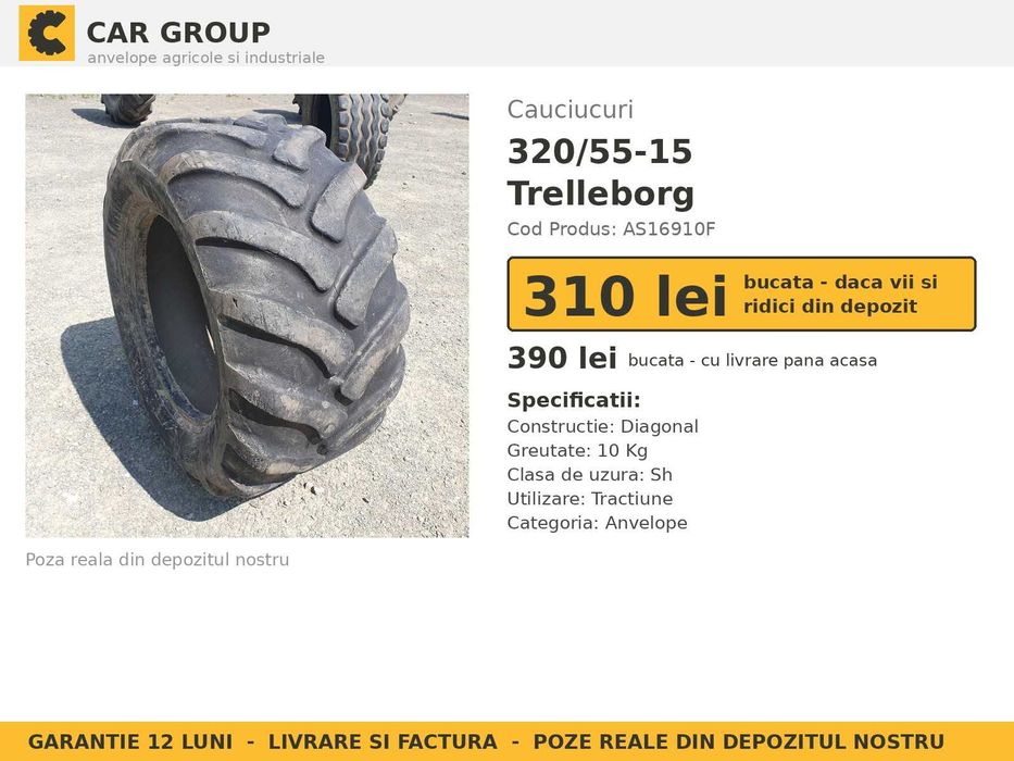 Anvelope Cauciucuri 320/55R15 320/55 R15 320/55-15 320 55 R15 3205515 Trelleborg Remorca Implement Flotatie SH Second Hand VERIFICATA Oferta Pret Bun