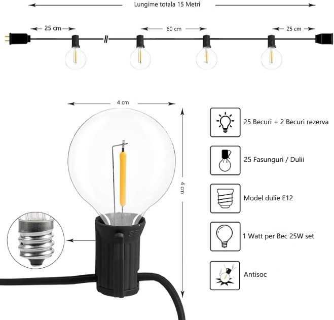 Ghirlanda 15 M, cu 25 Becuri LED și 2 becuri rezerva,Interior Exterior
