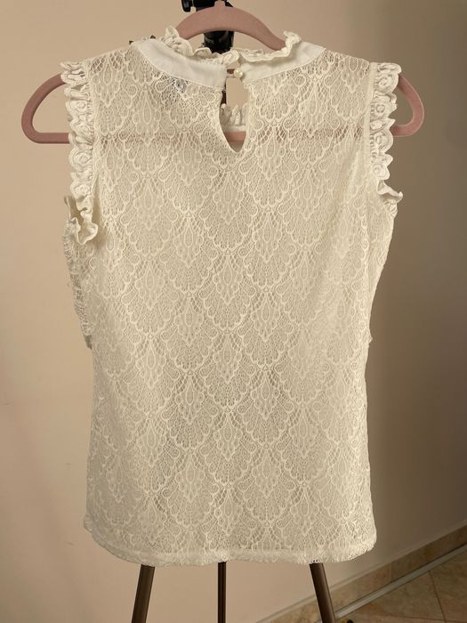 Топ блуза дантела перли декорация къс ръкав
