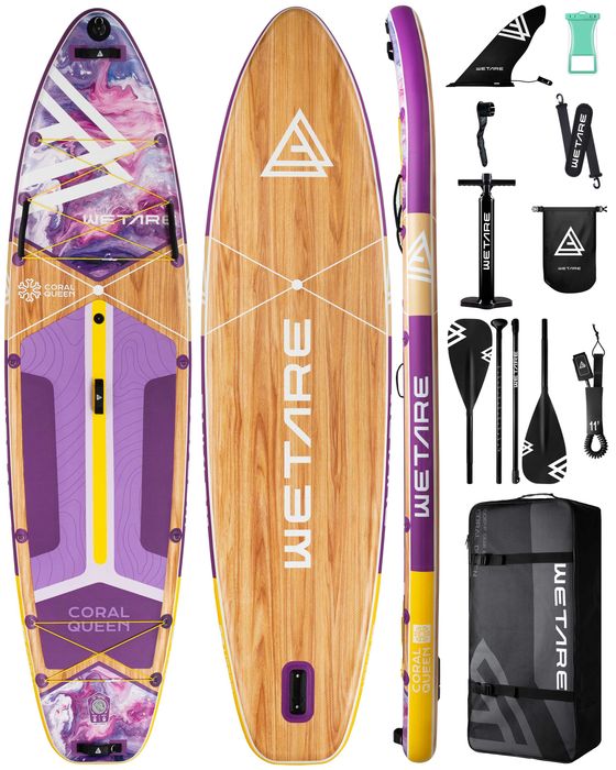 Нов широк надуваем Падъл борд 350 СМ SUP WETARE WT01 (Coral Queen Purple) в лилаво-дървесен дизайн.