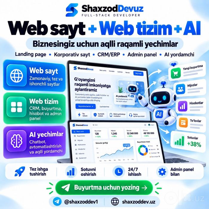 Web sayt yaratish — Landing, Biznes, Magazin | Web Development | AI |