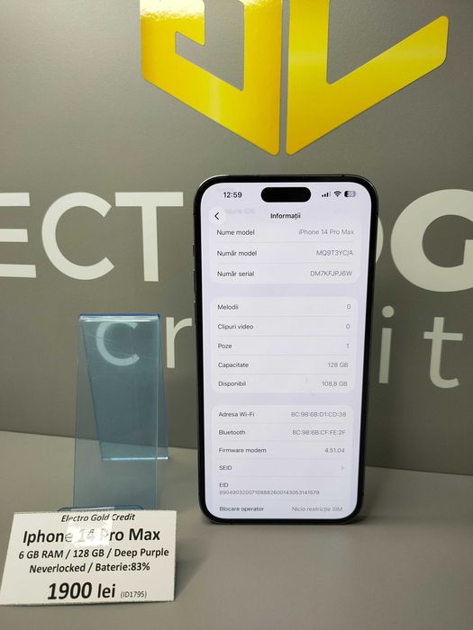 Iphone 14 Pro Max Deep Purple 6GB RAM/128GB/Neverlocked/Baterie: 83% ID1795