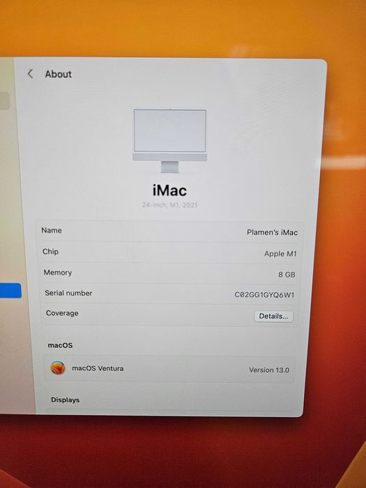 Apple iMac 24" Retina 4.5K (2021) / M1 / 8GB RAM / 256GB SSD – Перфектен, като нов!