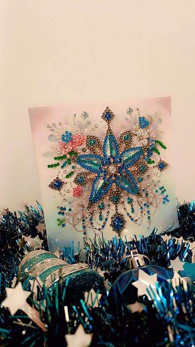 Felicitare de Crăciun Mozaic cu Diamante Model Floral cu Stea Albastră