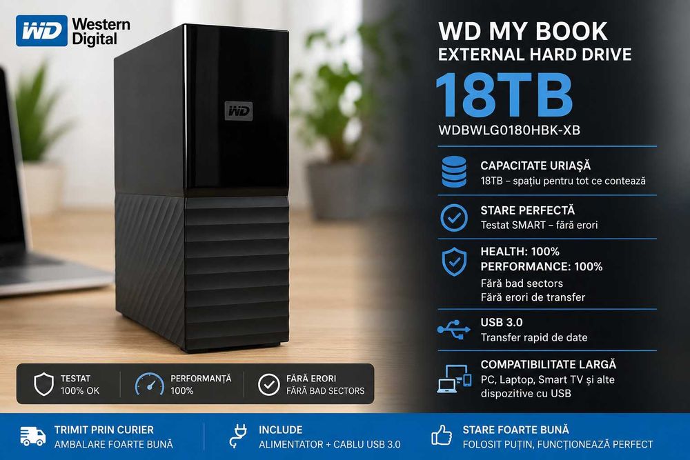 Hard disk extern WD My Book / WD Elements 18TB, USB 3.0, Health 100%, Performance 100%