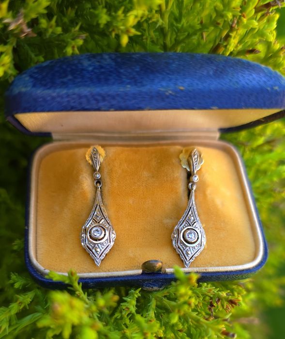 Cercei Art Deco autentici din aur de 14K cu diamante naturale