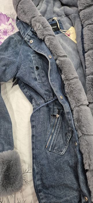 Дънкова парка сив пух свалящ се размер Л,  леко умалено, става и за М