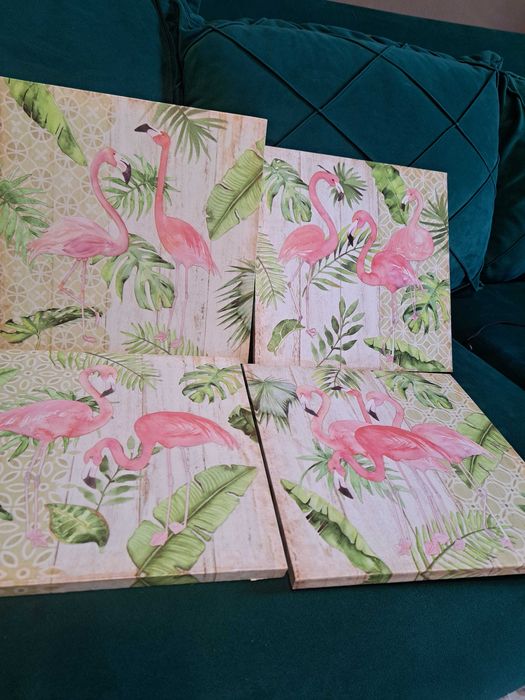 Set de 4 tablouri canvas cu flamingo