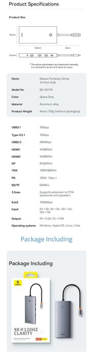 Baseus 13 in 1 Hub PortalJoy Series DP-8K-60Hz 4K-120Hz 10Gbps PD-100W