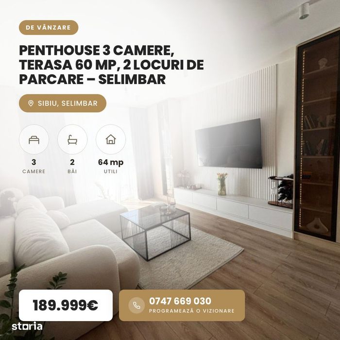 Penthouse 3 camere, terasa 60 mp, 2 locuri de parcare – Selimbar