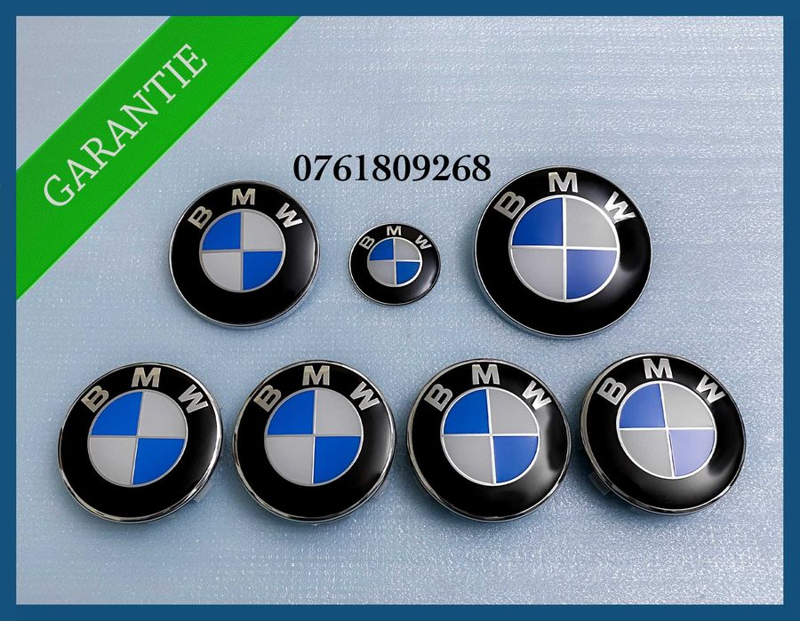 Set complet 7 embleme si capace aluminiu logo BMW pentru capota / portbagaj / volan / jante