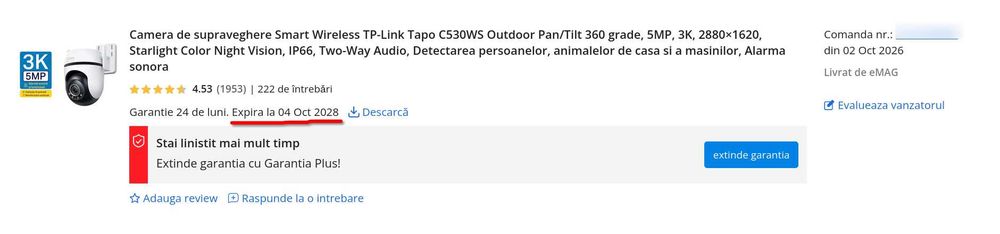 Camera de supraveghere TP-Link Tapo C530WS - Sigilata, Garantie