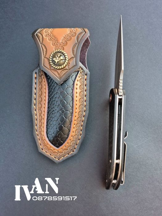 Сгъваем нож от дамаска стомана с кожена кания